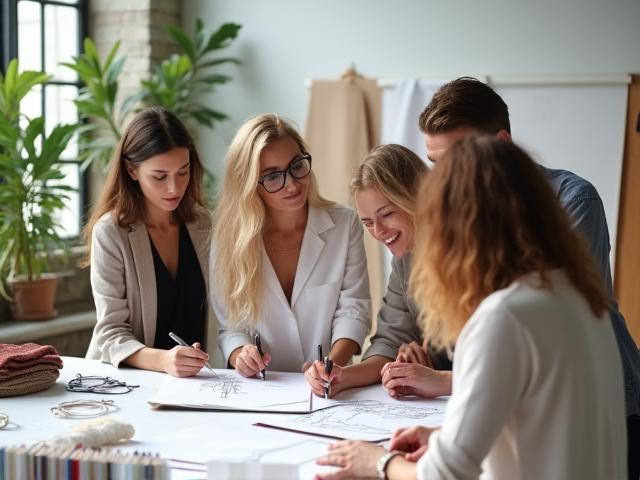 Designers collaborating on a new fashion collection in a modern studio