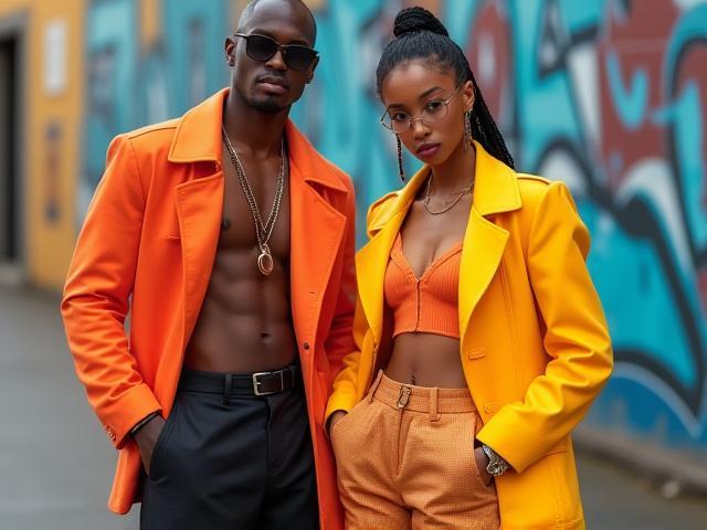 Man and woman wearing bold and colorful urban fashion outfits