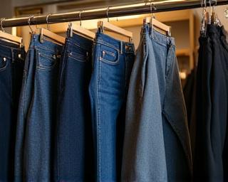 Urban fashion denim and tailored bottoms displayed in modern boutique