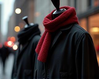 Fashionable urban outerwear displayed on mannequins with cityscape background