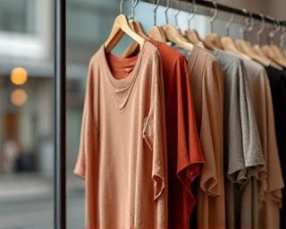 Stylish urban tops hanging on rack with city background blurred
