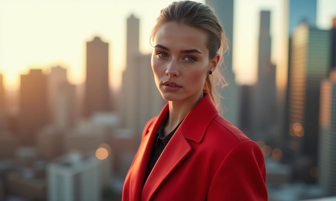 Model showcasing latest urban fashion collection with modern city background